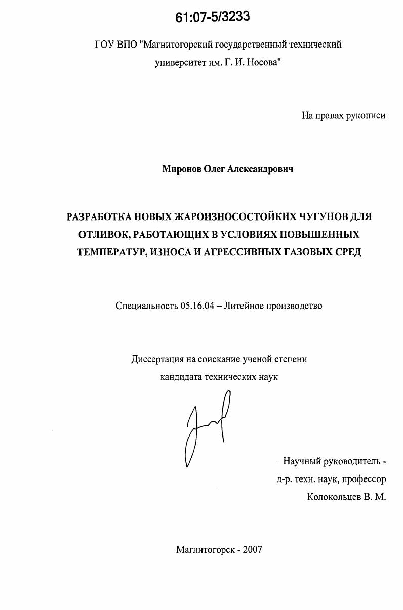 Разработка новых жароизносостойких чугунов для отливок, работающих в условиях повышенных температур, износа и агрессивных газовых сред