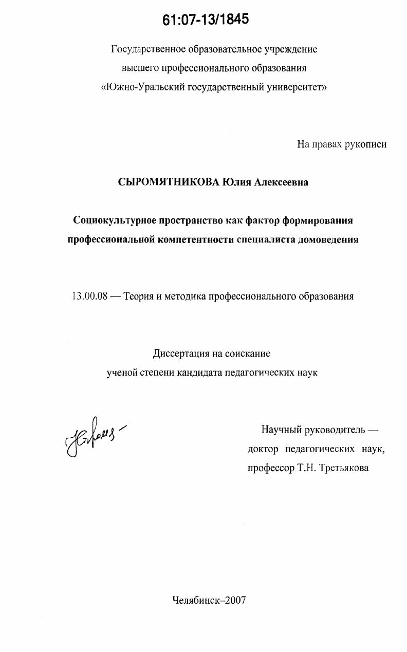 скачать диссертацию Социокультурное пространство как фактор формирования профессиональной компетентности специалиста домоведения Социокультурное пространство как фактор формирования профессиональной компетентности специалиста домоведения