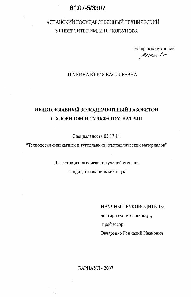 скачать диссертацию Неавтоклавный золо-цементный газобетон с хлоридом и сульфатом натрия Неавтоклавный золо-цементный газобетон с хлоридом и сульфатом натрия