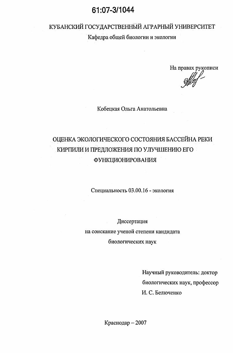 Оценка экологического состояния бассейна реки Кирпили и предложения по улучшению его функционирования