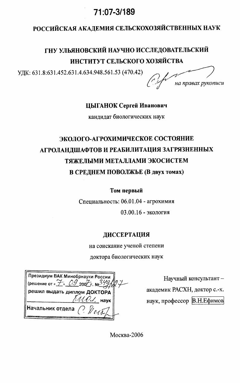 Эколого-агрохимическое состояние агроландшафтов и реабилитация загрязненных тяжелыми металлами экосистем в Среднем Поволжье