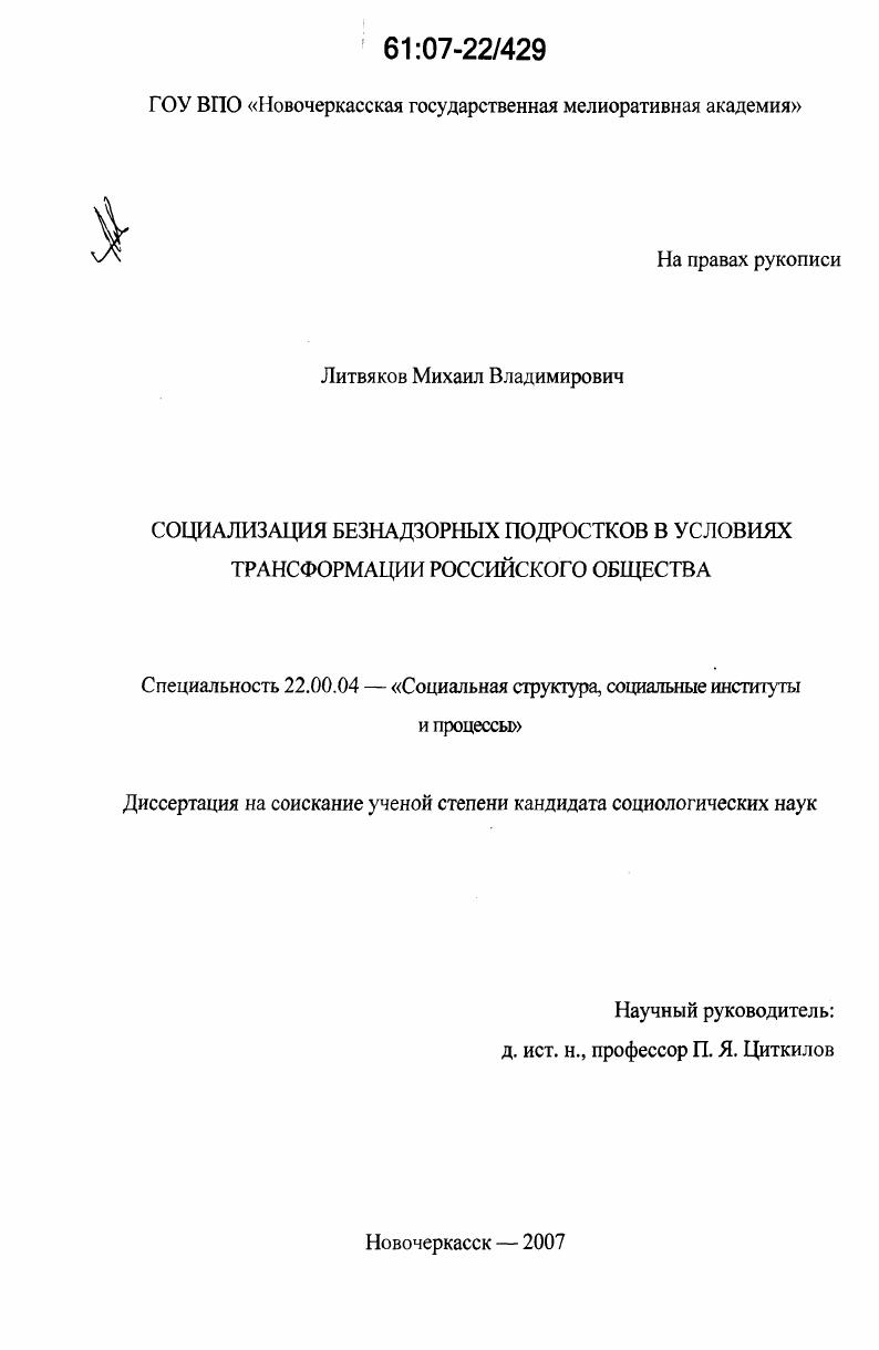 скачать диссертацию Социализация безнадзорных подростков в условиях трансформации российского общества Социализация безнадзорных подростков в условиях трансформации российского общества