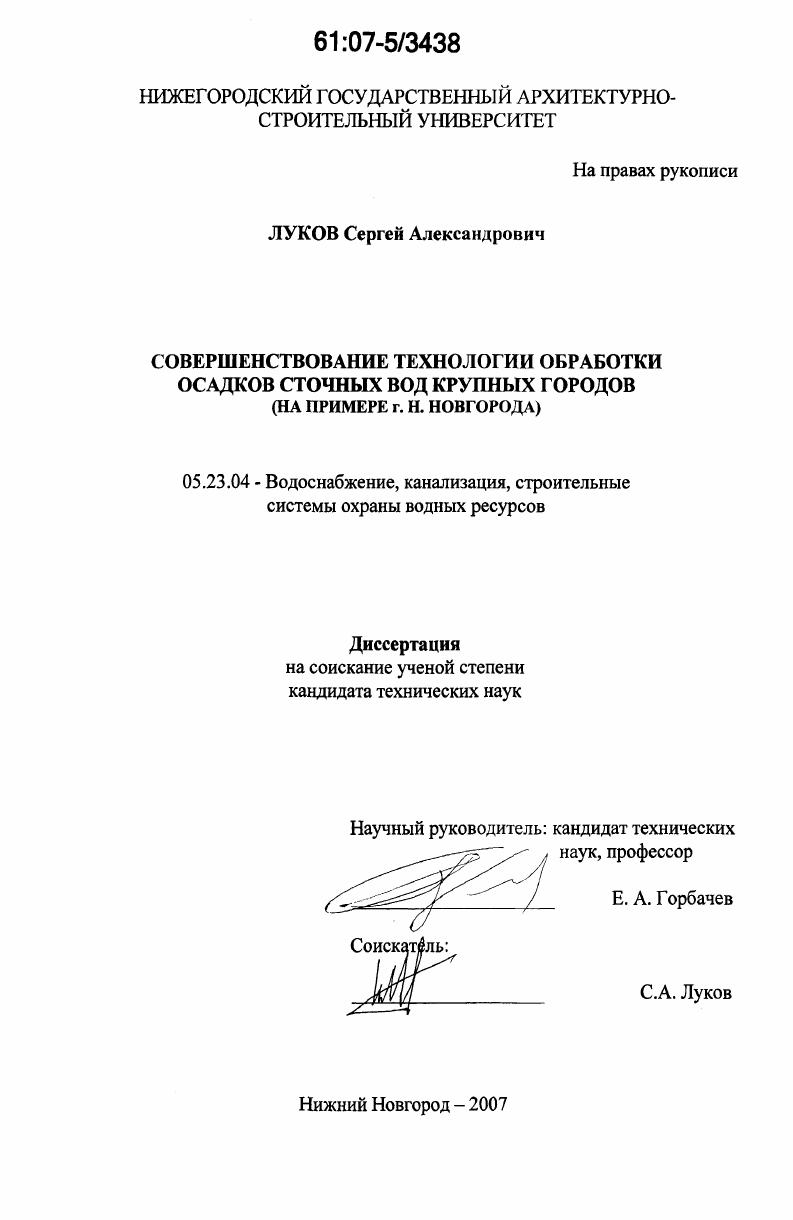 Совершенствование технологии обработки осадков сточных вод крупных городов : на примере г. Н. Новгорода