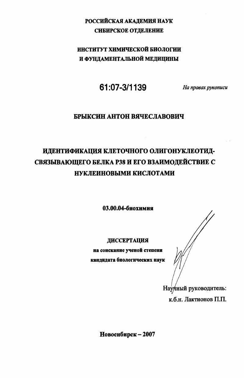 Идентификация клеточного олигонуклеотид-связывающего белка Р38 и его взаимодействие с нуклеиновыми кислотами