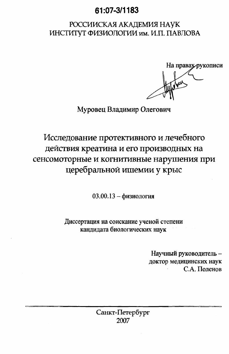 Исследование протективного и лечебного действия креатина и его производных на сенсомоторные и когнитивные нарушения при церебральной ишемии у крыс