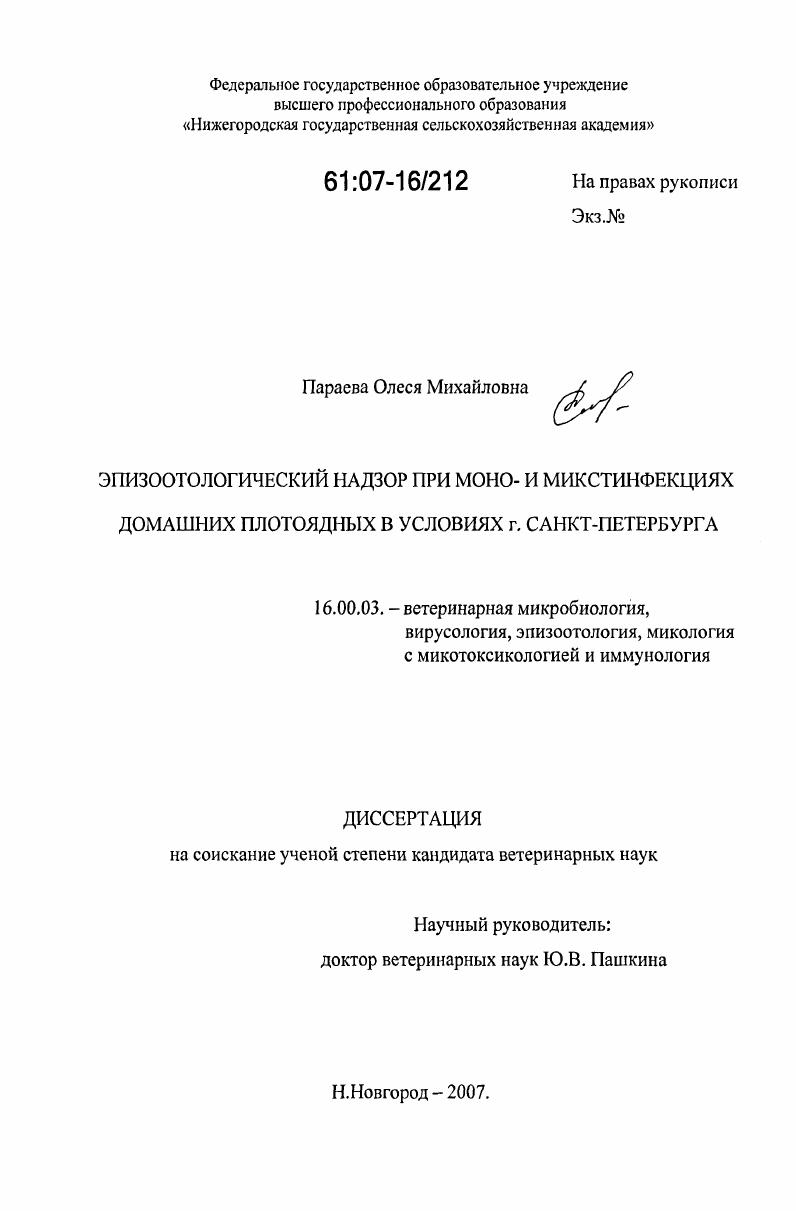 Эпизоотологический надзор при моно- и микстинфекциях домашних плотоядных в условиях г. Санкт-Петербурга