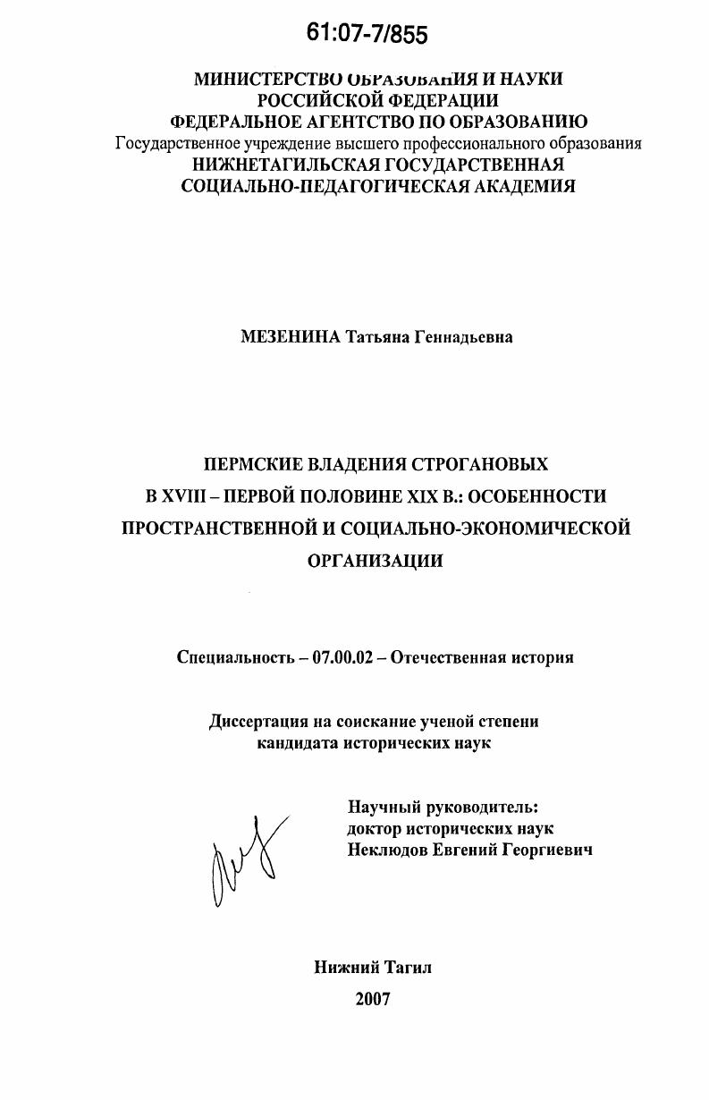 Пермские владения Строгановых в XVIII - первой половине XIX в. : особенности пространственной и социально-экономической организации