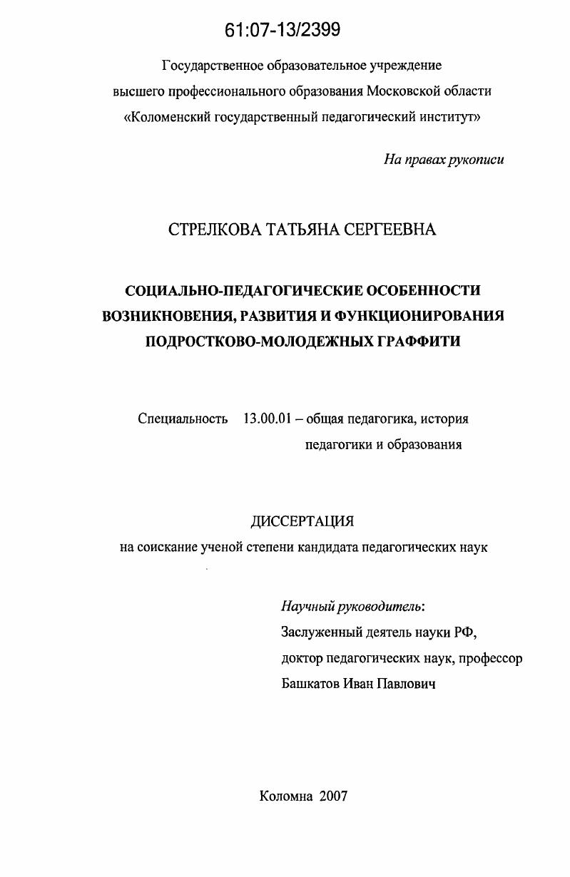 Социально-педагогические особенности возникновения, развития и функционирования подростково-молодежных граффити