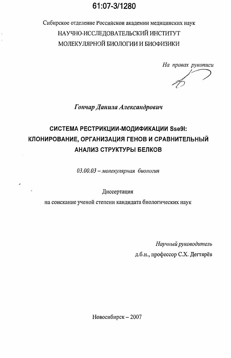 Система рестрикции-модификации Sse91: клонирование, организация генов и сравнительный анализ структуры белков