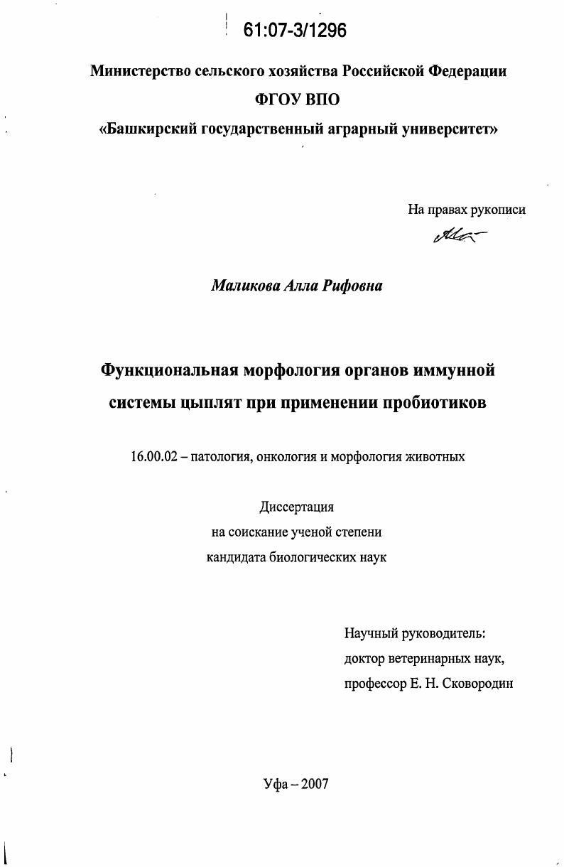 Функциональная морфология органов иммунной системы цыплят при применении пробиотиков