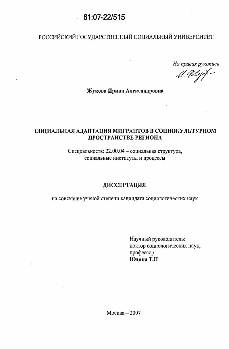 скачать диссертацию Социальная адаптация мигрантов в социокультурном пространстве региона Социальная адаптация мигрантов в социокультурном пространстве региона
