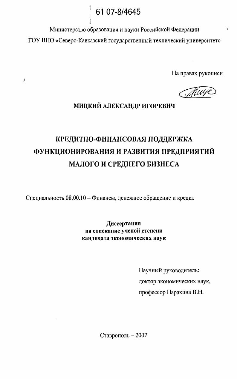 Кредитно-финансовая поддержка функционирования и развития предприятий малого и среднего бизнеса