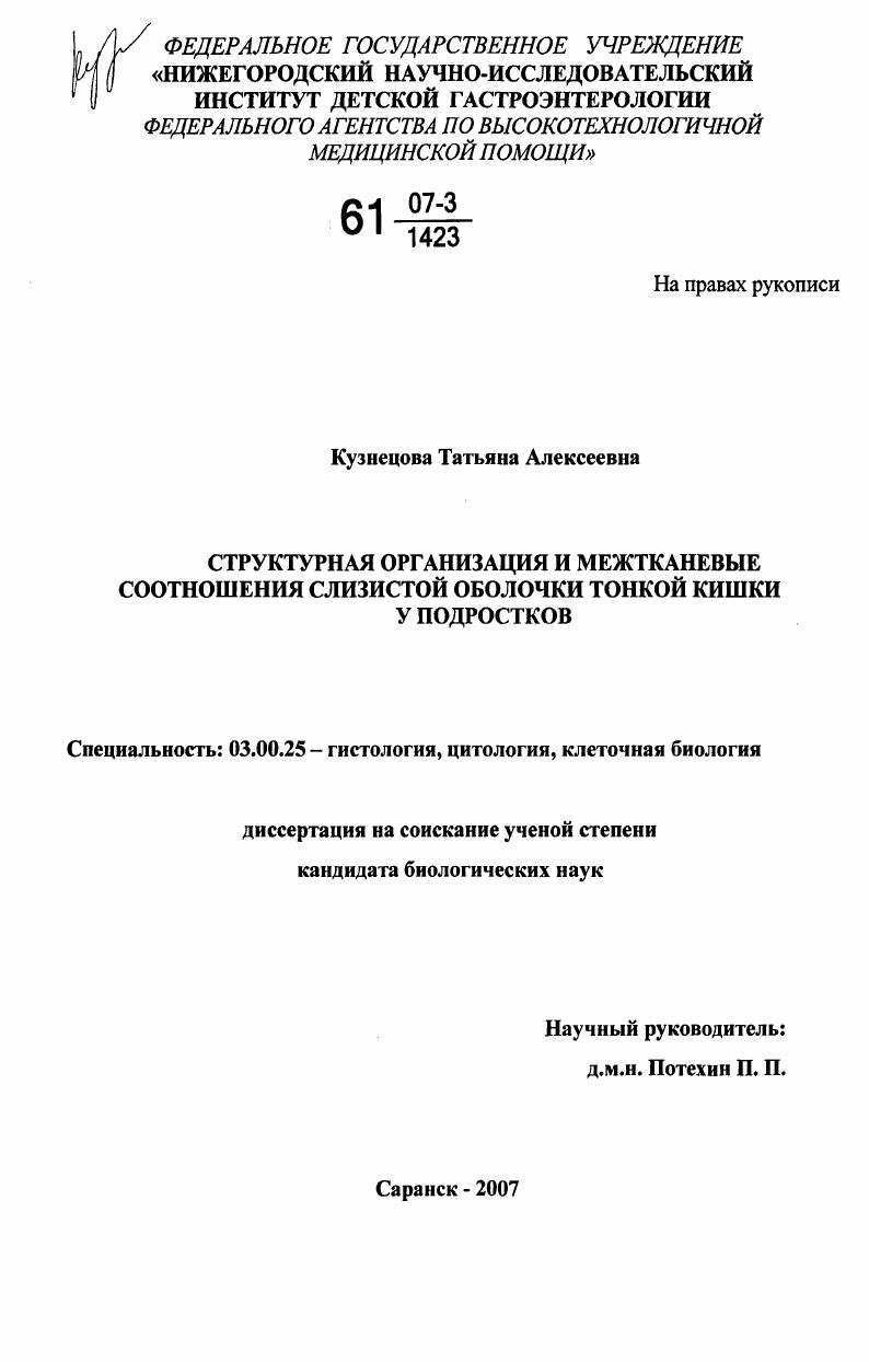 Структурная организация и межтканевые соотношения слизистой оболочки тонкой кишки у подростков