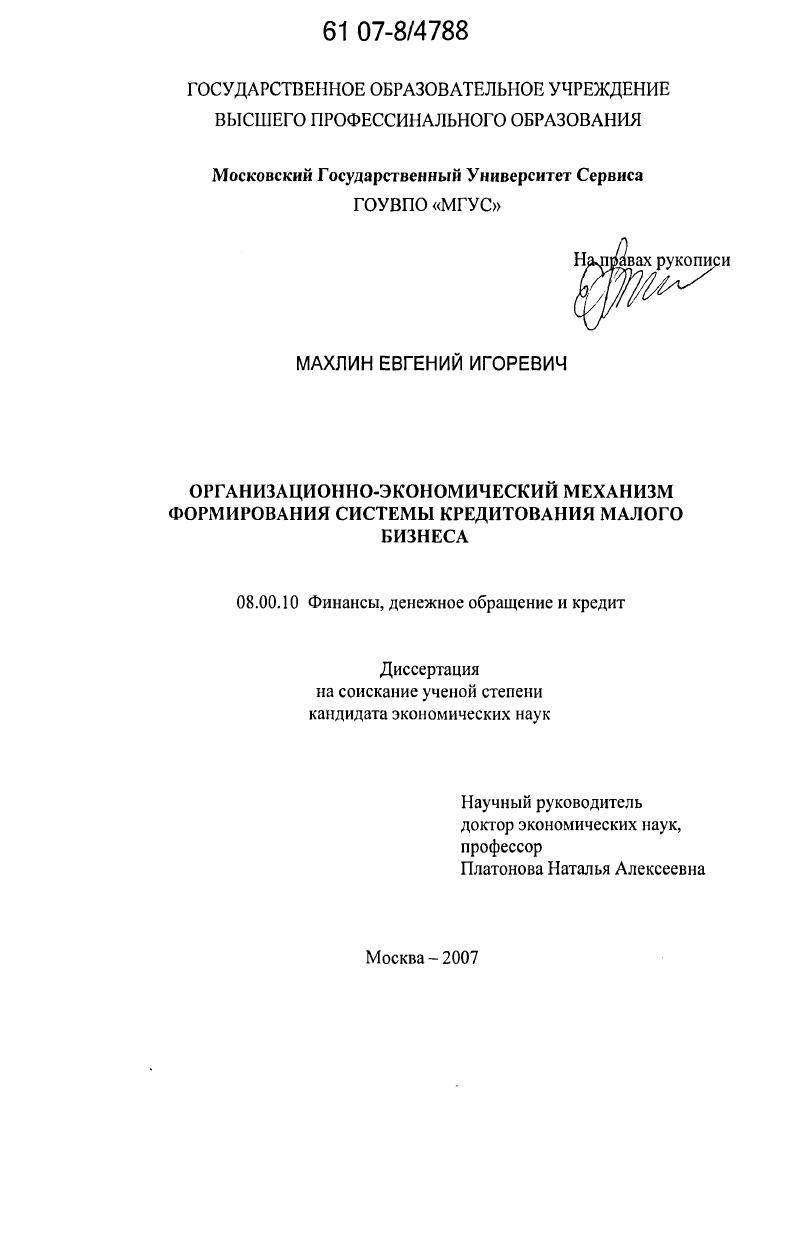 Организационно-экономический механизм формирования системы кредитования малого бизнеса