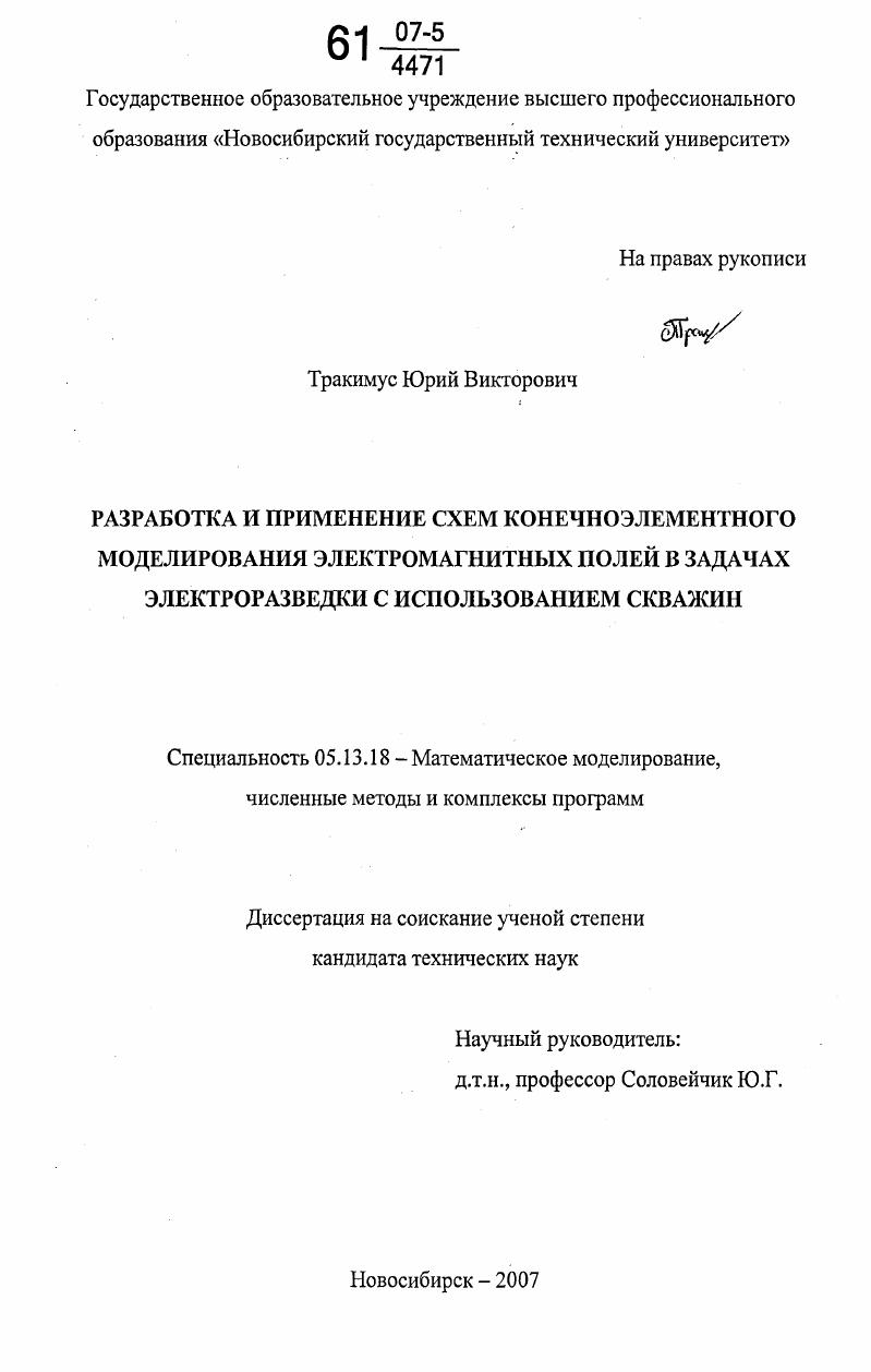 Разработка и применение схем конечноэлементного моделирования электромагнитных полей в задачах электроразведки с использованием скважин