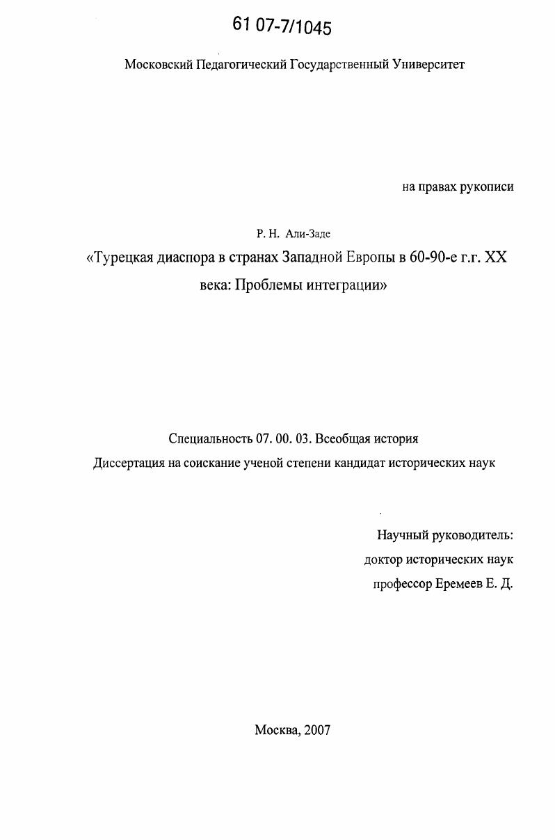 Турецкая диаспора в странах Западной Европы в 60-90-е гг. XX века: проблемы интеграции
