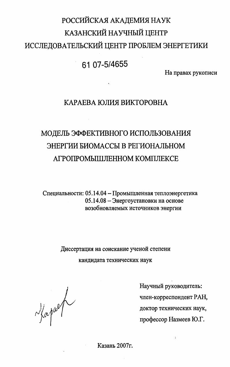 Модель эффективного использования энергии биомассы в региональном агропромышленном комплексе