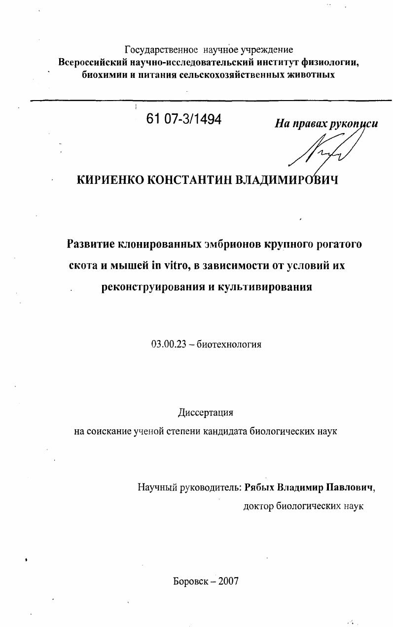 Развитие клонированных эмбрионов крупного рогатого скота и мышей in vitro, в зависимости от условий их реконструирования и культивирования