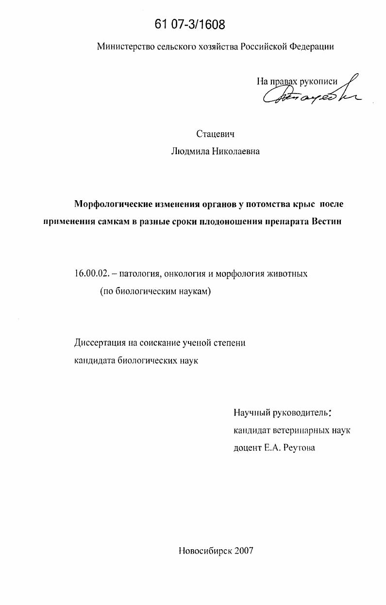 Морфологические изменения органов у потомства крыс после применения самкам в разные сроки плодоношения препарата Вестин