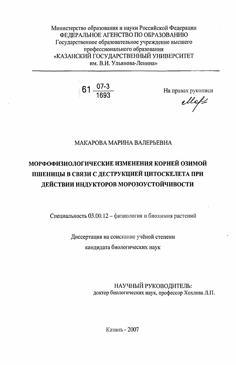 скачать диссертацию Морфофизиологические изменения корней озимой пшеницы в связи с деструкцией цитоскелета при действии индукторов морозоустойчивости Морфофизиологические изменения корней озимой пшеницы в связи с деструкцией цитоскелета при действии индукторов морозоустойчивости