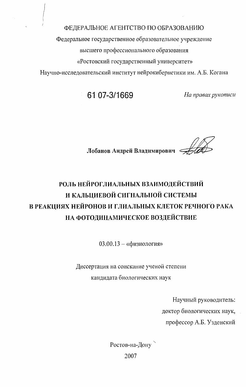Роль нейроглиальных взаимодействий и кальциевой сигнальной системы в реакциях нейронов и глиальных клеток речного рака на фотодинамическое воздействие