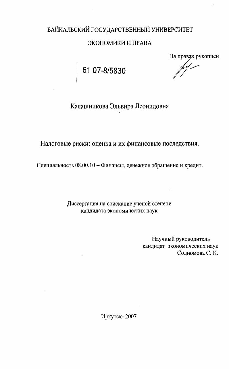 скачать диссертацию Налоговые риски: оценка и их финансовые последствия Налоговые риски: оценка и их финансовые последствия