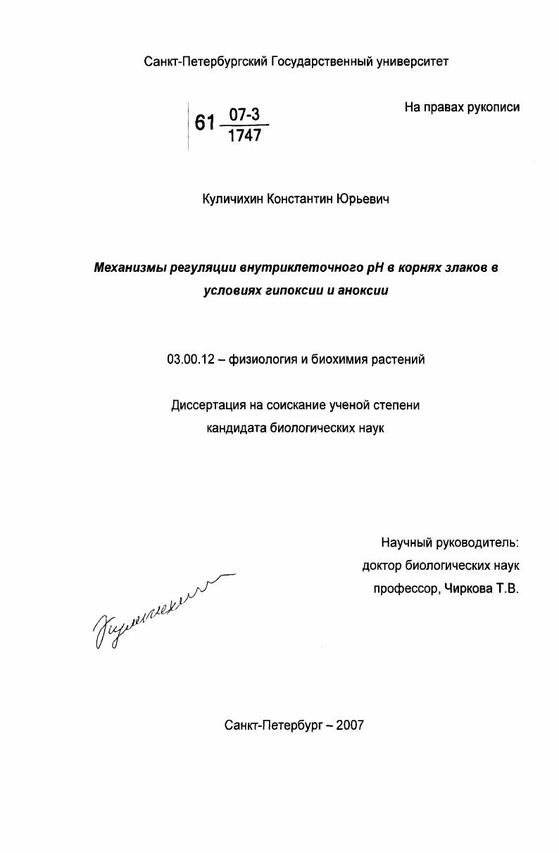Механизмы регуляции внутриклеточного рН в корнях злаков в условиях гипоксии и аноксии