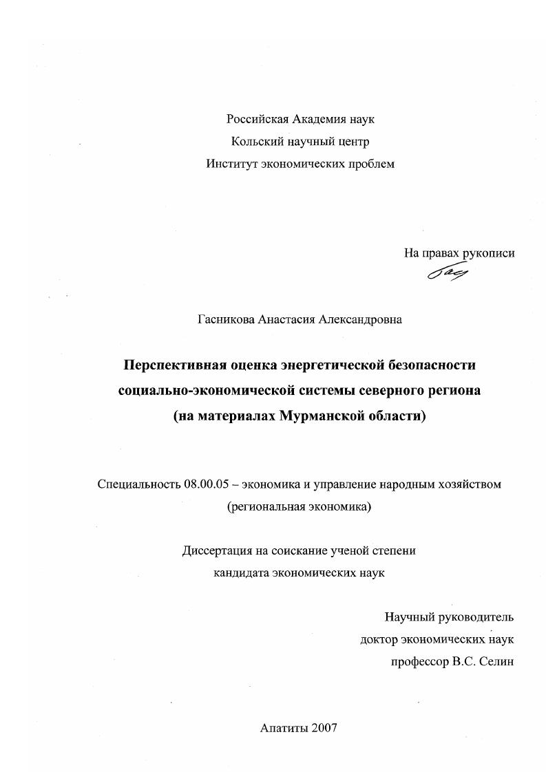 Перспективная оценка энергетической безопасности социально-экономической системы северного региона : на материалах Мурманской области