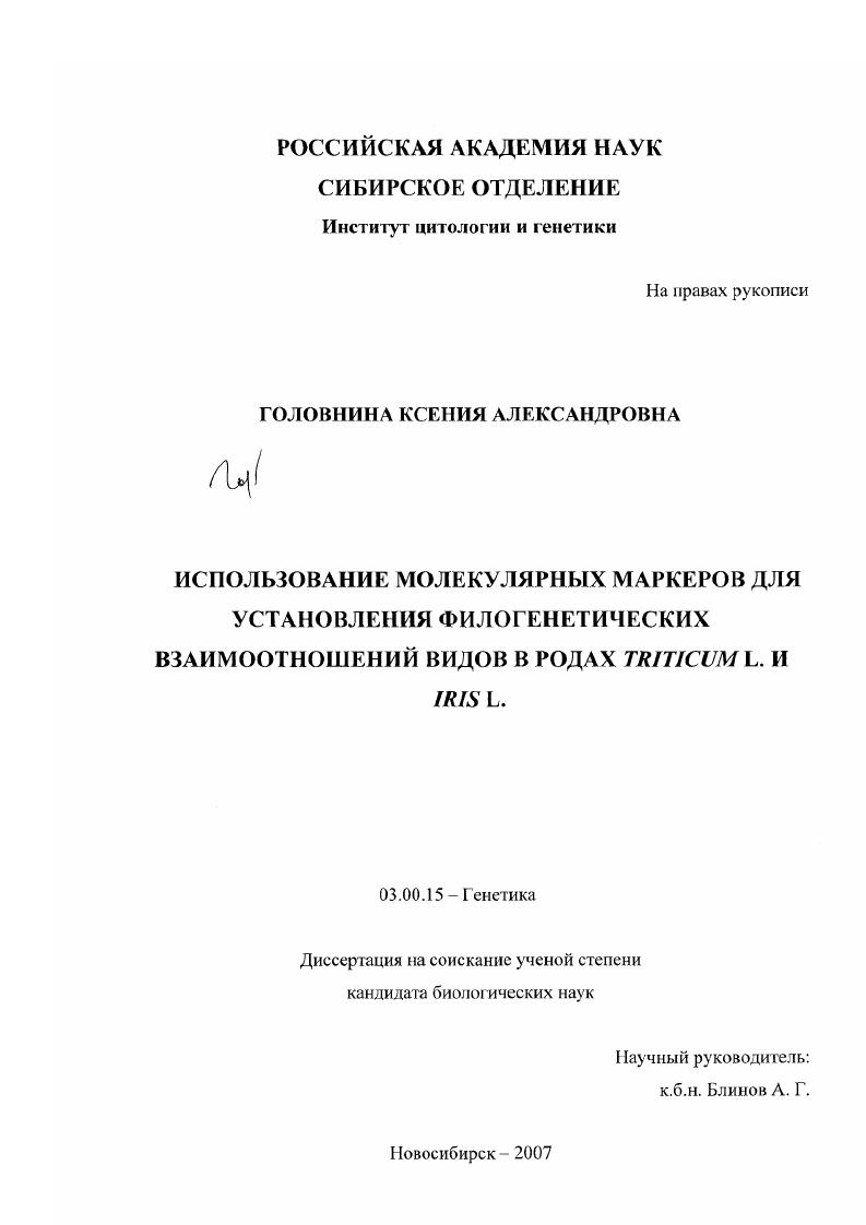 скачать диссертацию Использование молекулярных маркеров для установления филогенетических взаимоотношений видов в родах Triticum L. и Iris L. Использование молекулярных маркеров для установления филогенетических взаимоотношений видов в родах Triticum L. и Iris L.