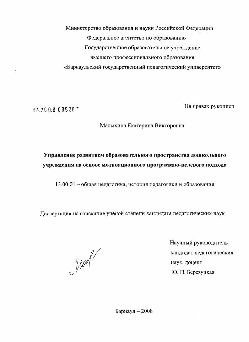 Управление развитием образовательного пространства дошкольного учреждения на основе мотивационного программно-целевого подхода