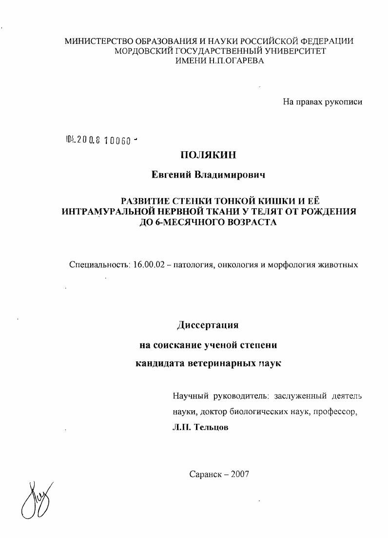 Развитие стенки тонкой кишки и её интрамуральной нервной ткани у телят от рождения до 6-месячного возраста