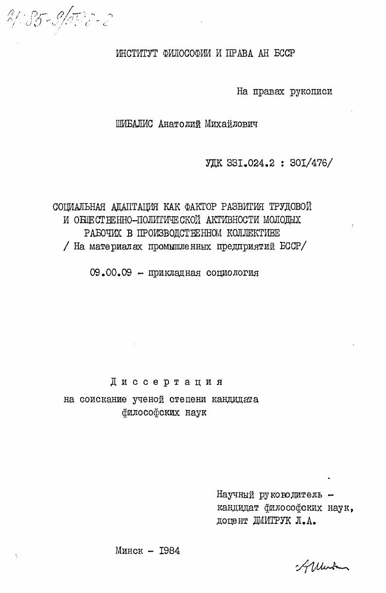 Социальная адаптация как фактор развития трудовой и общественно-политической активности молодых рабочих в производственном коллективе (на материалах промышленных предприятий БССР)