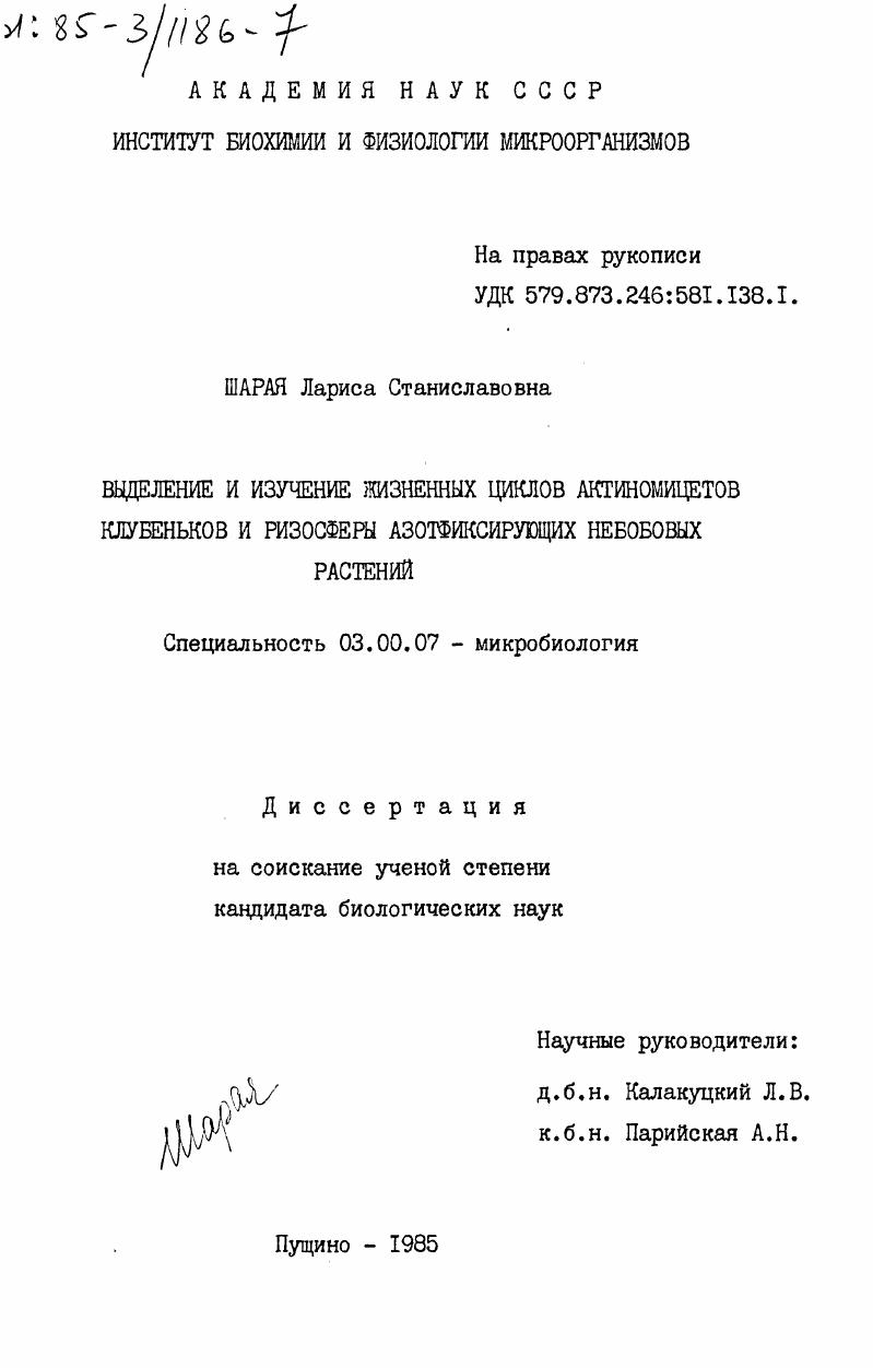 Выделение и изучение жизненных циклов актиномицетов клубеньков и ризосферы азотфиксирующих небобовых растений