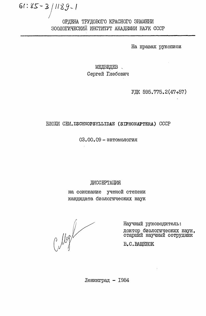 Блохи сем. ISCHNOPSYLLIDAE (SIPHONAPTERA) СССР