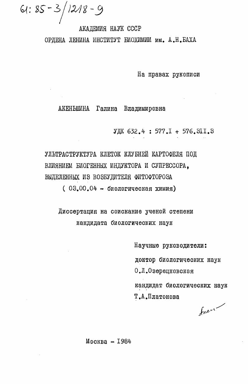 скачать диссертацию Ультраструктура клеток клубней картофеля под влиянием биогенных индуктора и супрессора, выделенных из возбудителя фитофтороза Ультраструктура клеток клубней картофеля под влиянием биогенных индуктора и супрессора, выделенных из возбудителя фитофтороза