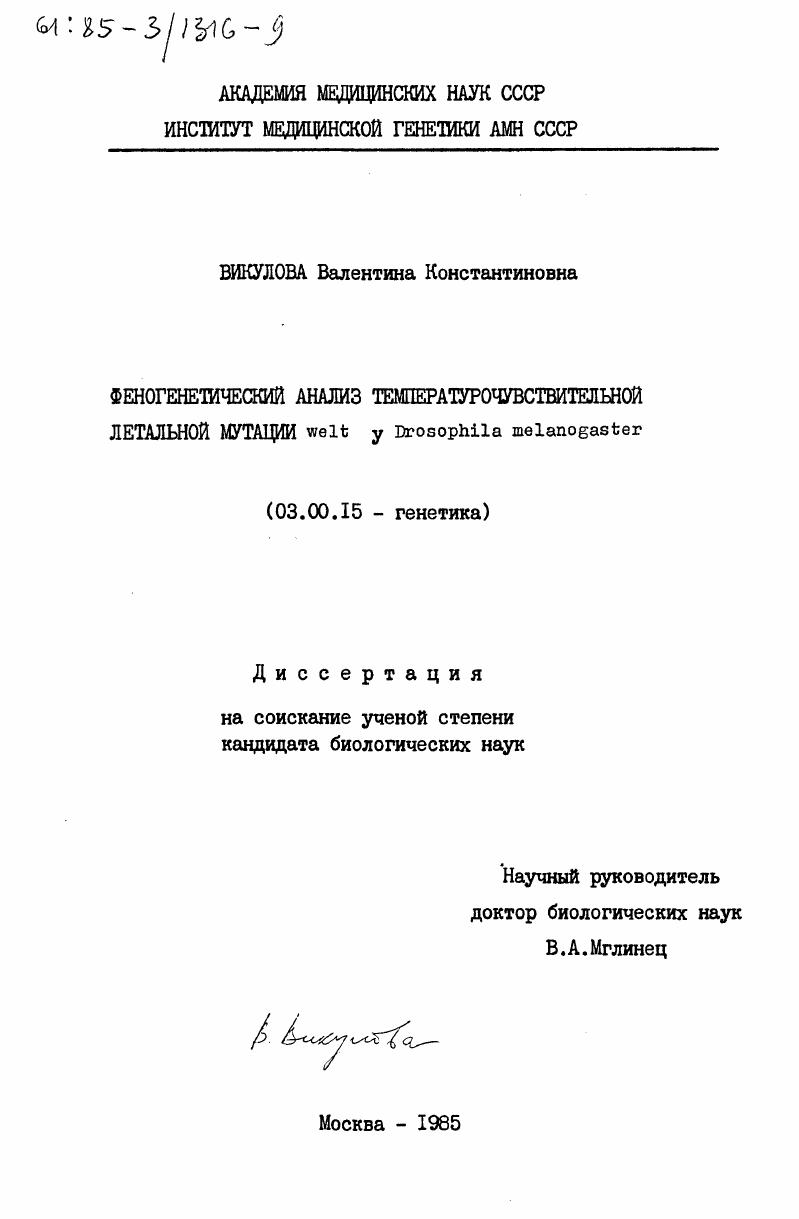 скачать диссертацию Феногенетический анализ температурочувствительной летальной мутации Welt у Drosophila melanogaster Феногенетический анализ температурочувствительной летальной мутации Welt у Drosophila melanogaster