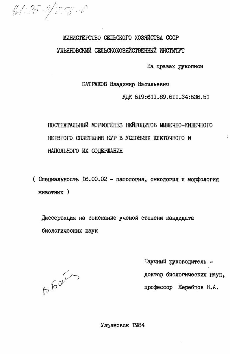 Постнатальный морфогенез нейроцитов мышечно-кишечного нервного сплетения кур в условиях клеточного и напольного их содержания