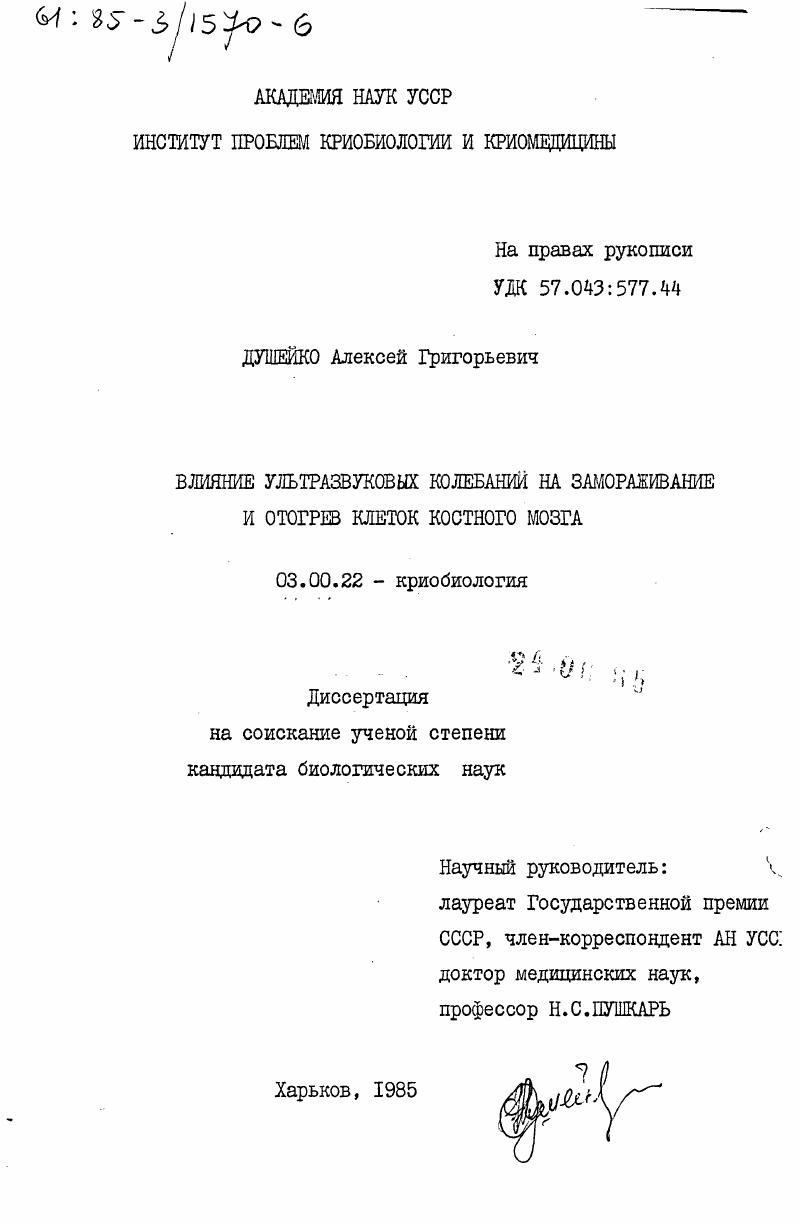 Влияние ультразвуковых колебаний на замораживание и отогрев клеток костного мозга
