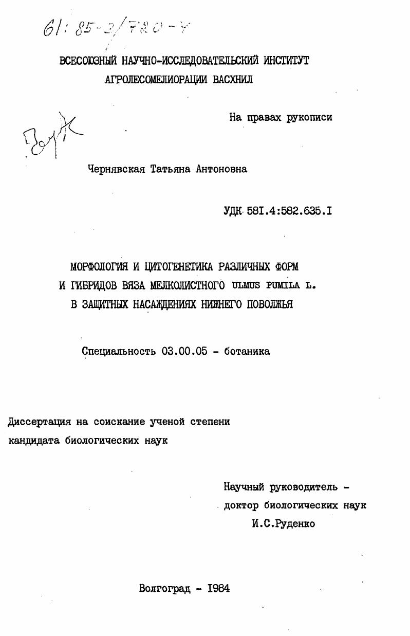 Морфология и цитогенетика различных форм и гибридов вяза мелколистного Ulmus Pumila L. в защитных насаждениях Нижнего Поволжья