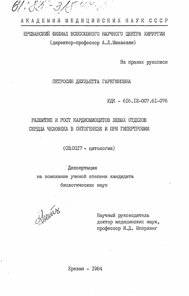 Развитие и рост кардиомиоцитов левых отделов сердца человека в онтогенезе и при гипертрофии