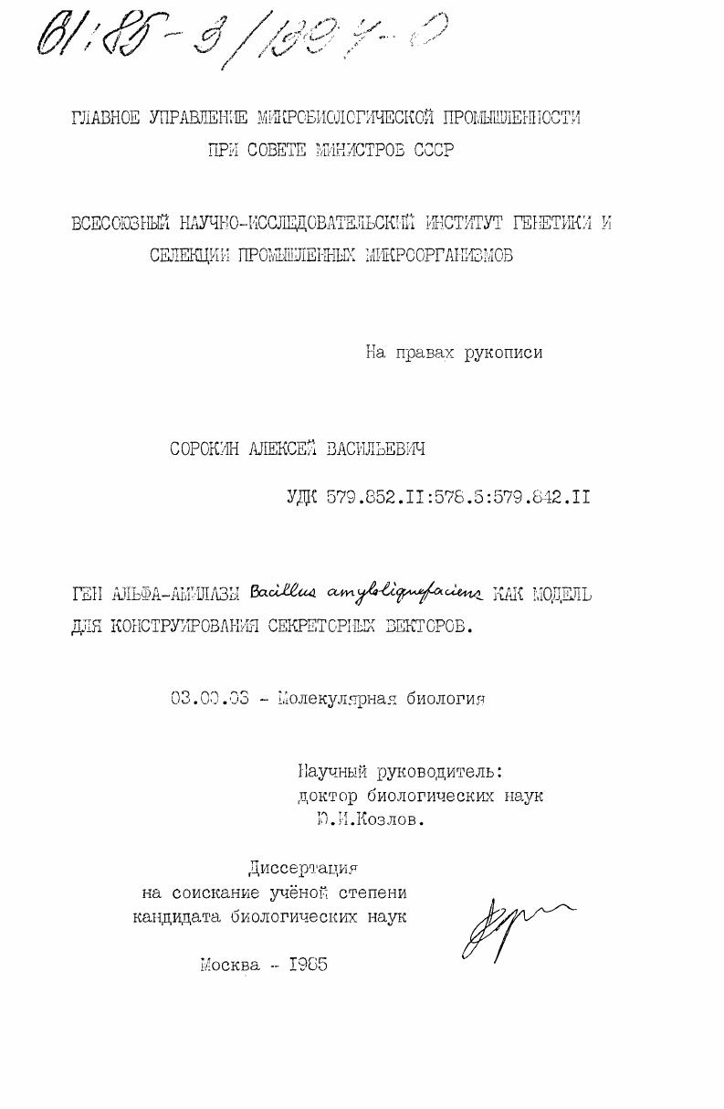 Ген альфа-амилазы Bacillus amyloliquefaciens как модель для конструирования секреторных векторов