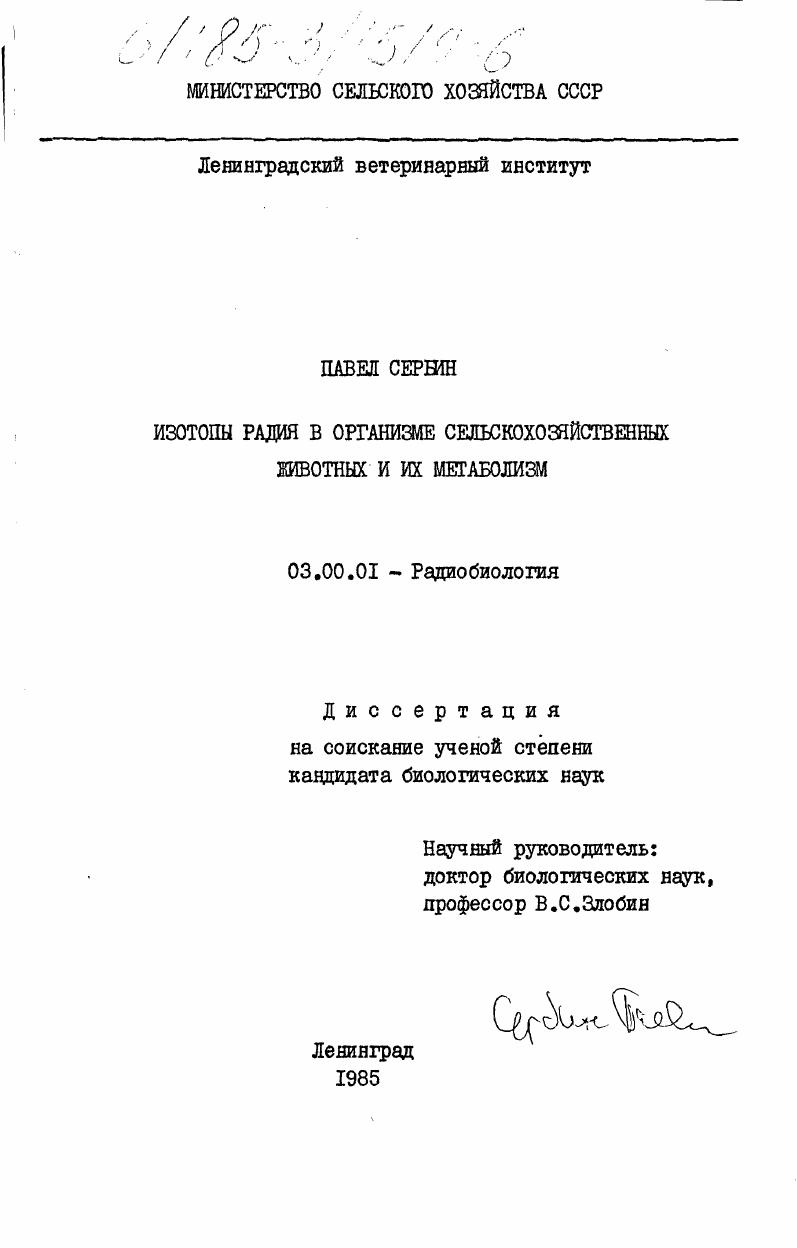 скачать диссертацию Изотопы радия в организме сельскохозяйственных животных и их метаболизм Изотопы радия в организме сельскохозяйственных животных и их метаболизм