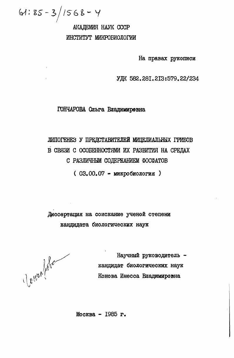 Липогенез у представителей мицелиальных грибов в связи с особенностями их развития на средах с различным содержанием фосфатов