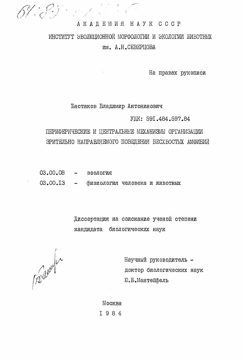 Периферические и центральные механизмы организации зрительно направляемого поведения бесхвостых амфибий