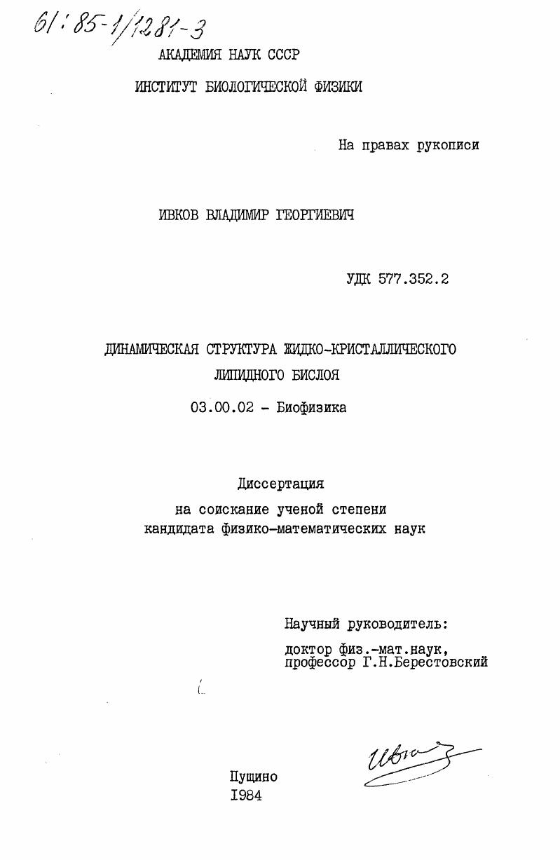 скачать диссертацию Динамическая структура жидко-кристаллического липидного бислоя Динамическая структура жидко-кристаллического липидного бислоя