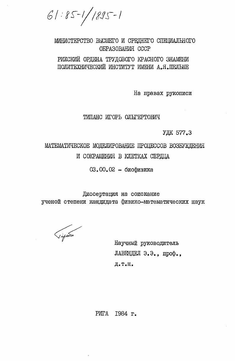 Математическое моделирование процессов возбуждения и сокращения в клетках сердца