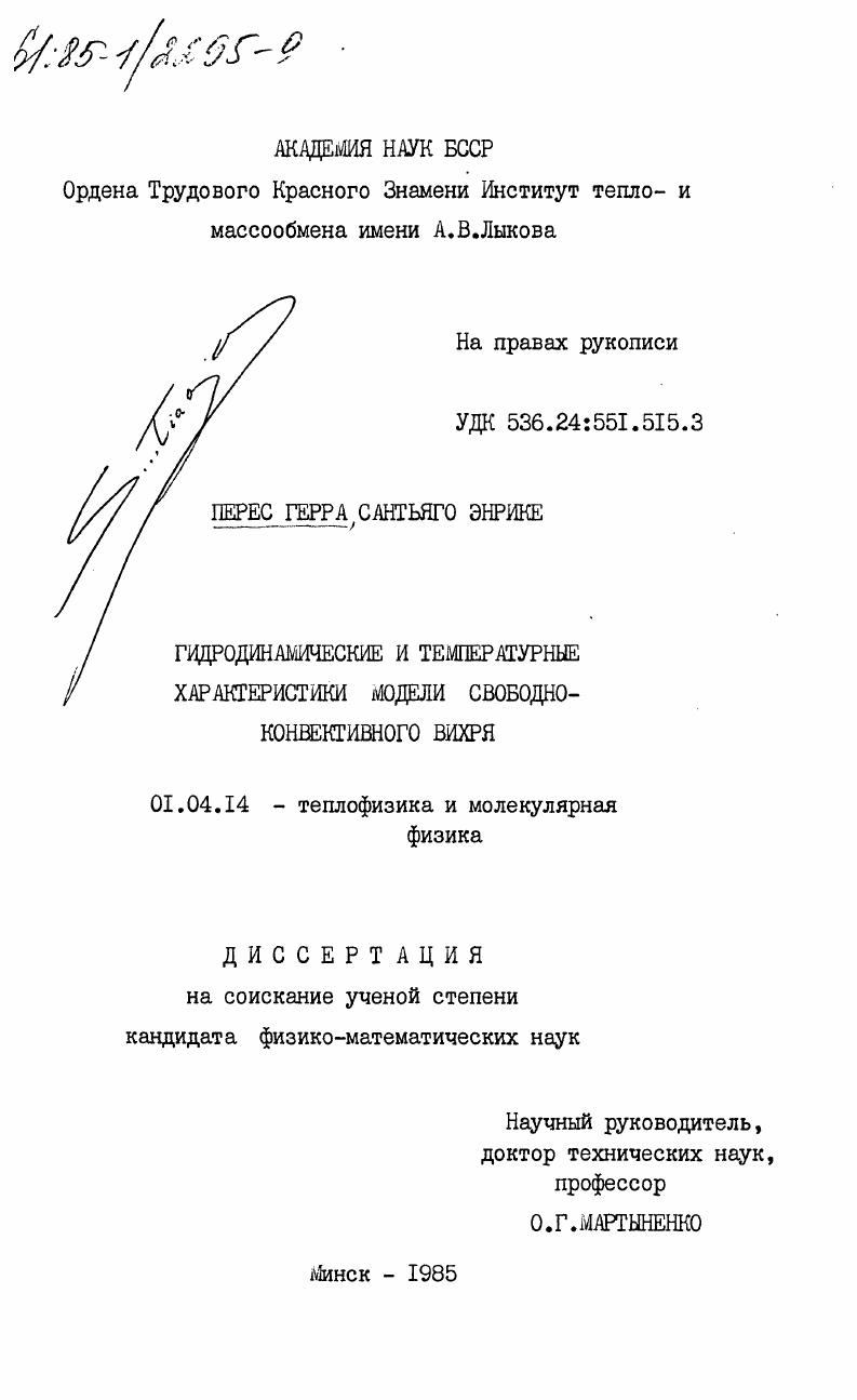 Гидродинамические и температурные характеристики модели свободно-конвективного вихря