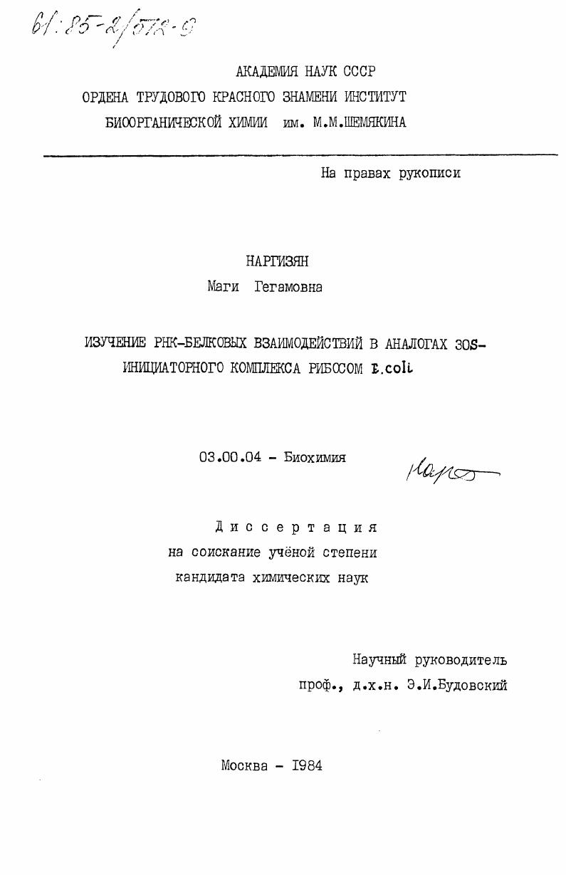 скачать диссертацию Изучение РНК-белковых взаимодействий в аналогах 3ОS-инициаторного комплекса рибосом Е. coli Изучение РНК-белковых взаимодействий в аналогах 3ОS-инициаторного комплекса рибосом Е. coli