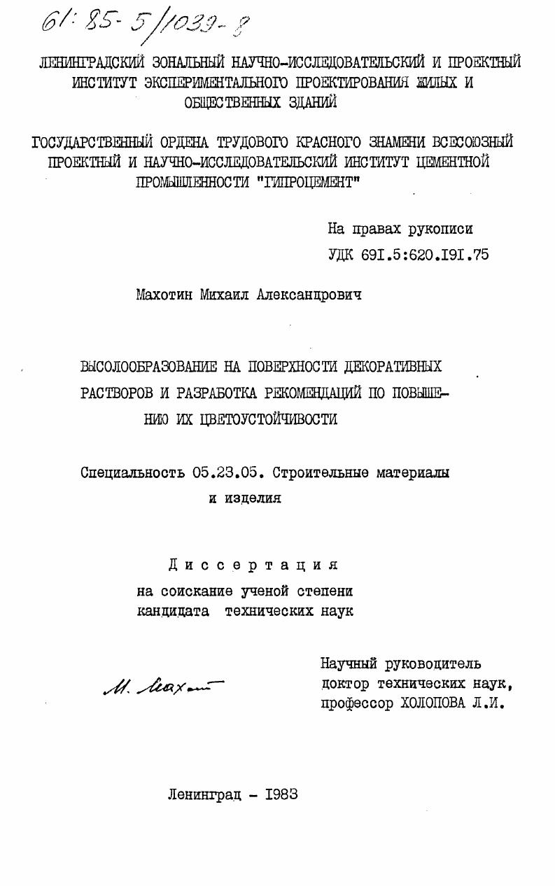 Высолообразование на поверхности декоративных растворов и разработка рекомендаций по повышению их цветоустойчивости