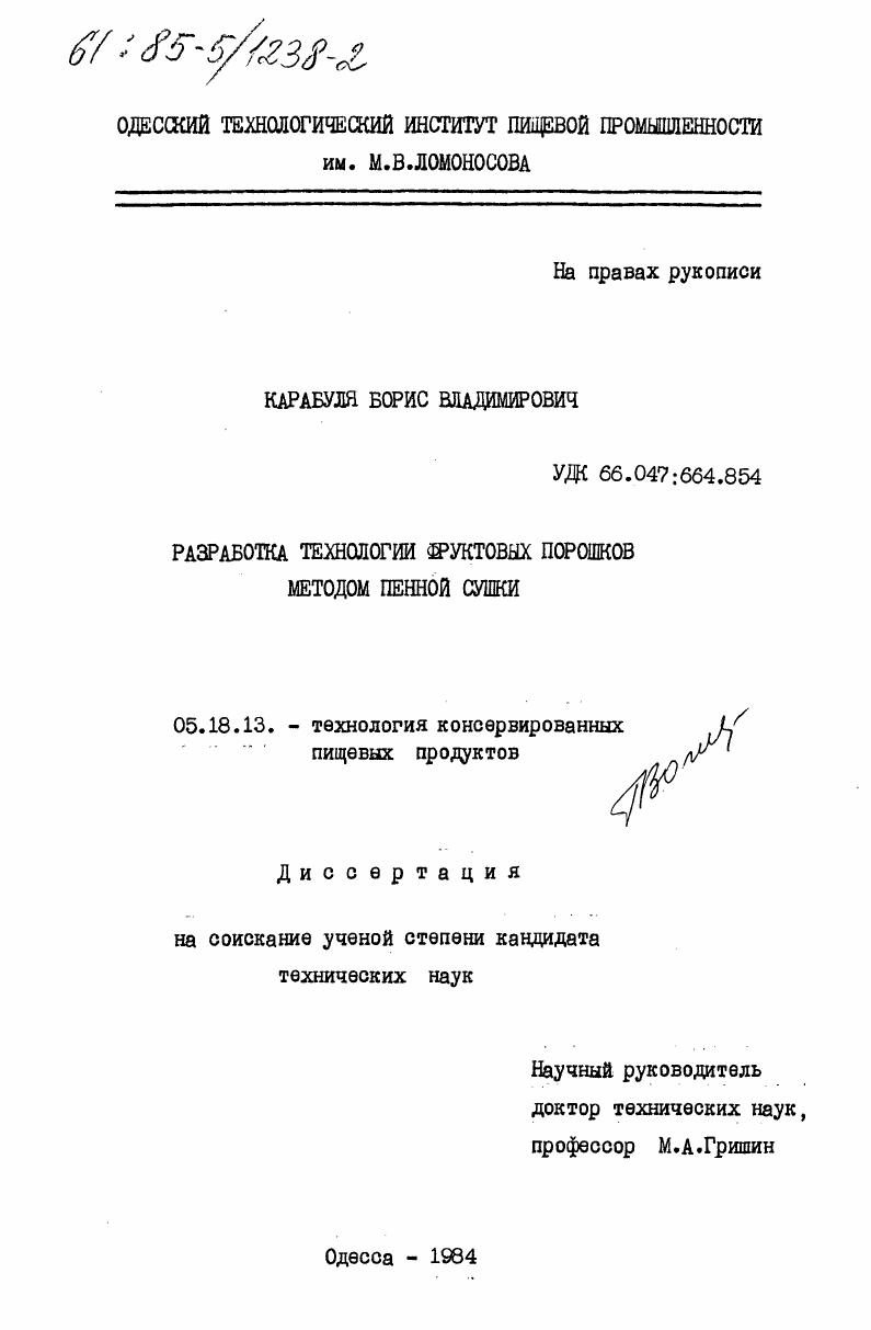 Разработка технологии фруктовых порошков методом пенной сушки